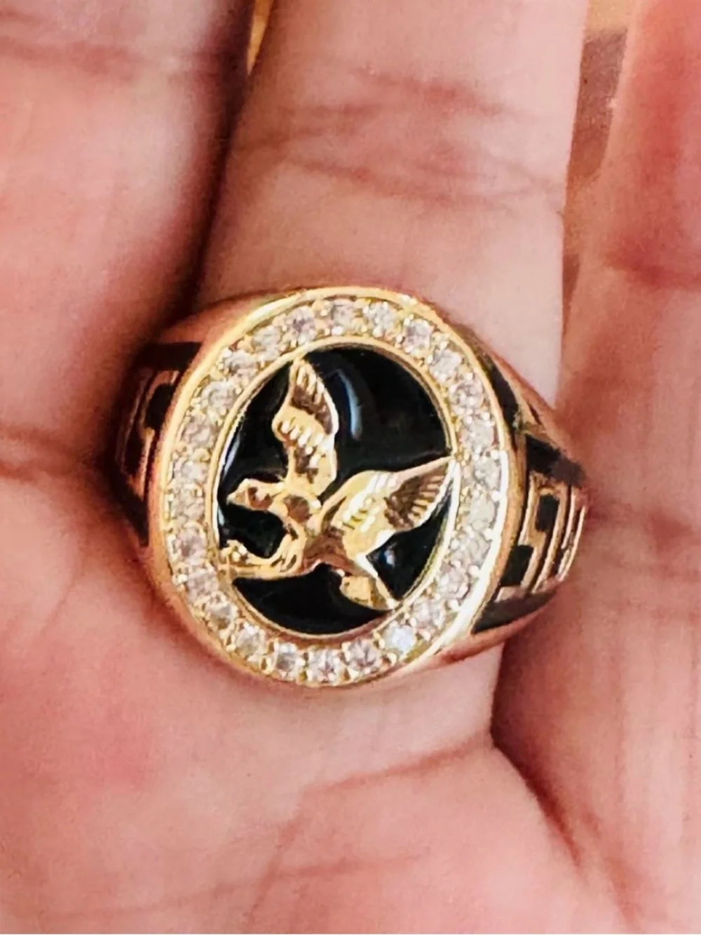18K Gold Plated Eagle Emblem Ring with Black Enamel and Crystal Halo. Adjustable